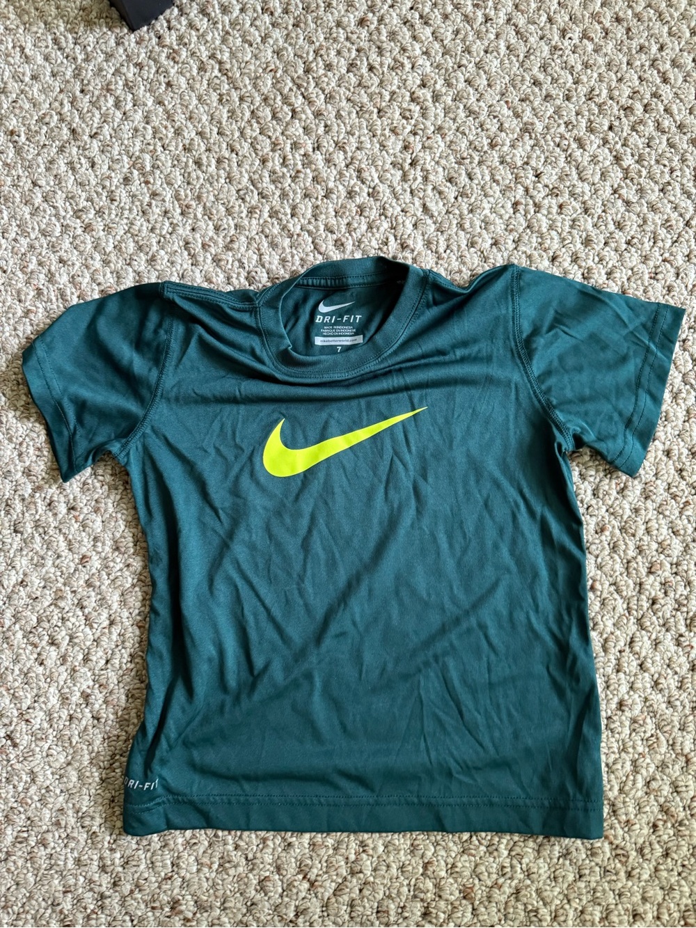 Nike Kids Dark Green Dri-FIT Tee with Neon Yellow Swoosh
